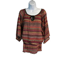 Load image into Gallery viewer, Pre-owned Roz &amp; Ali Bell Sleeve Knit Lined Ruched Smocked Hem Geo Print Blouse Size Medium